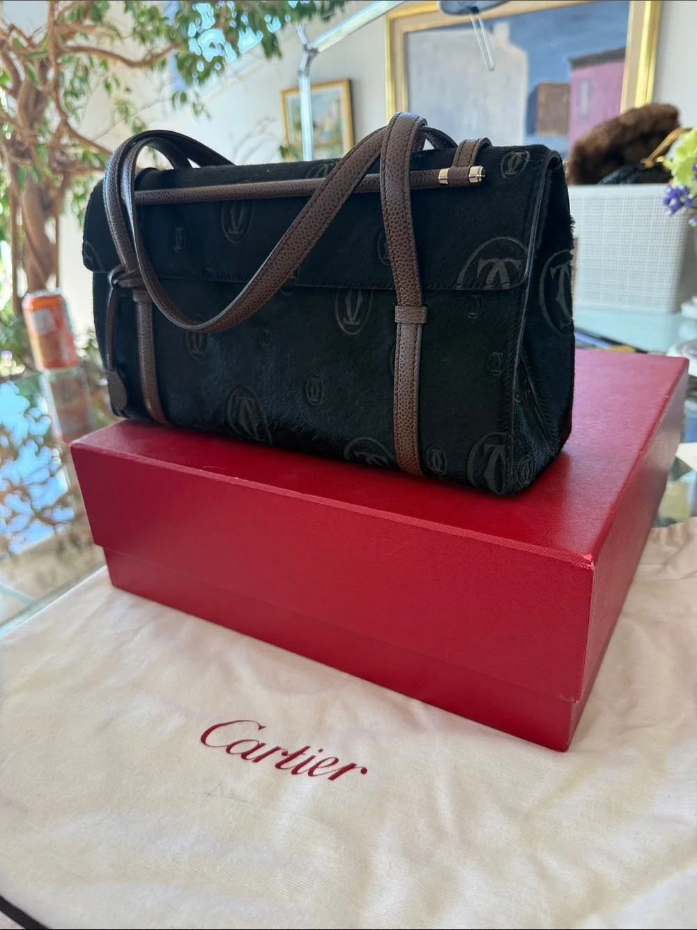 Cartier Black Shoulder Bag with Brown Straps